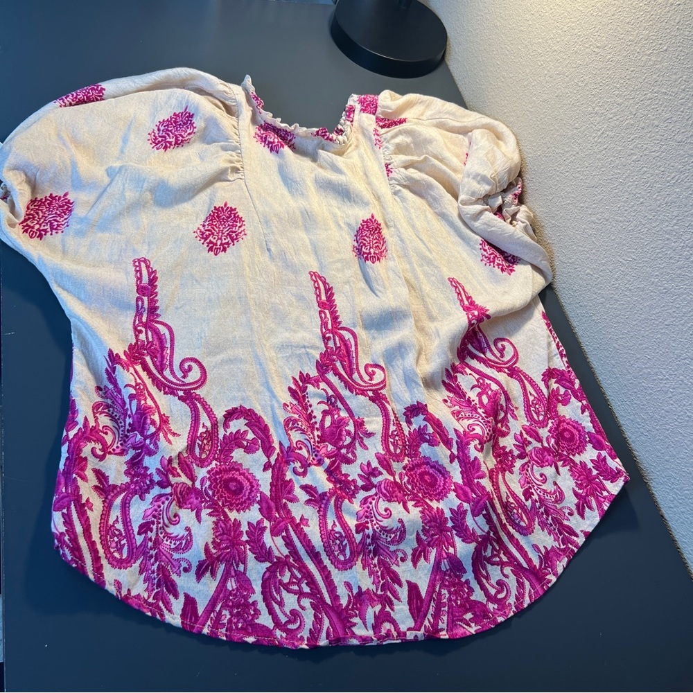 Relaxed Cream and Pink Oversized Short Sleeve Blouse - Picture 6 of 7